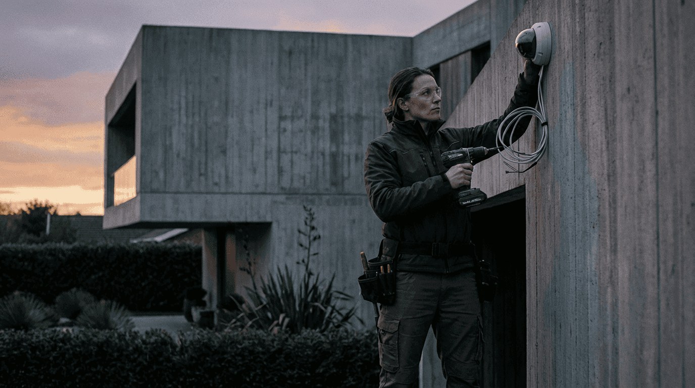 Security and alarms technician installing a camera on the exterior of a modern industrial and brutalist home