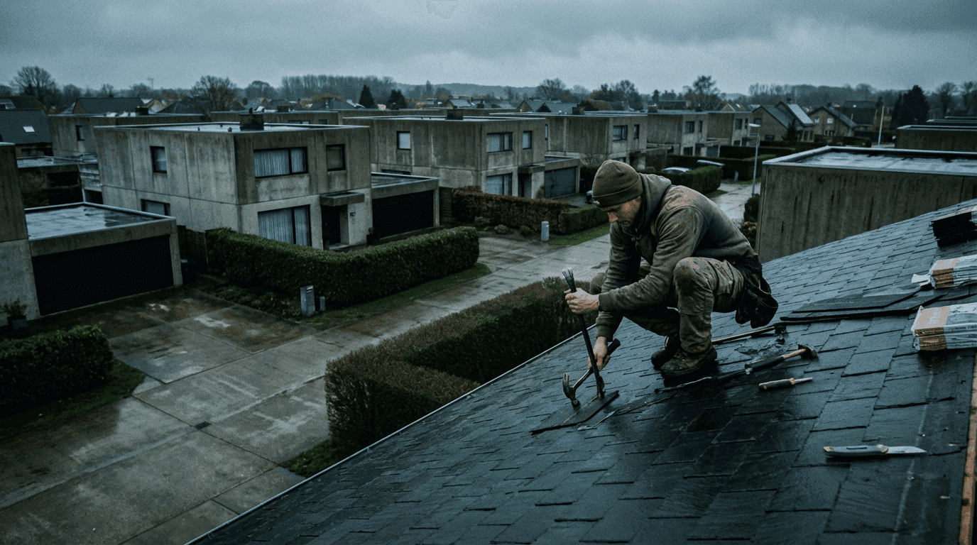 Roofing technician replacing shingles on a house