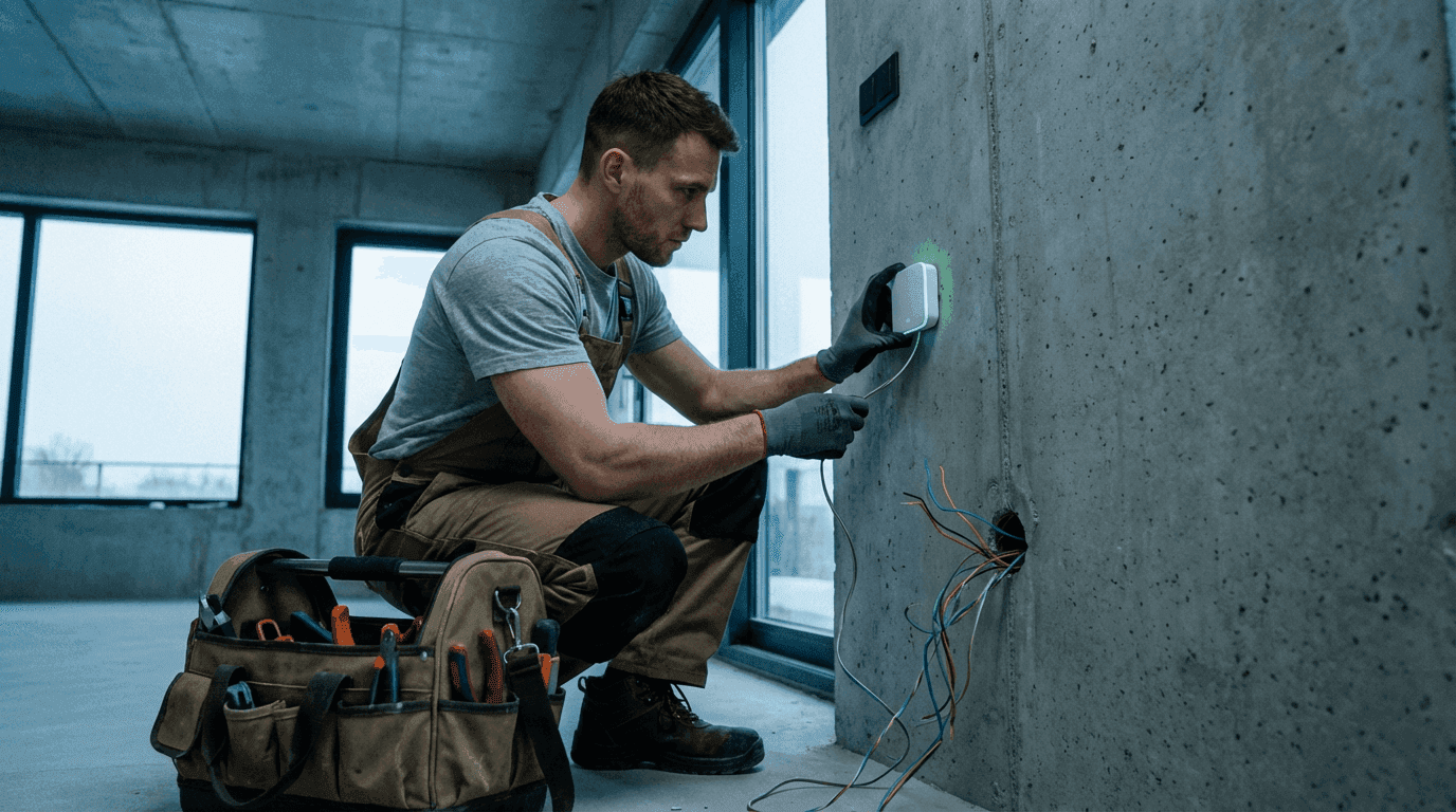 Smart Home technician installing a thermostat on a successfully closed prospect