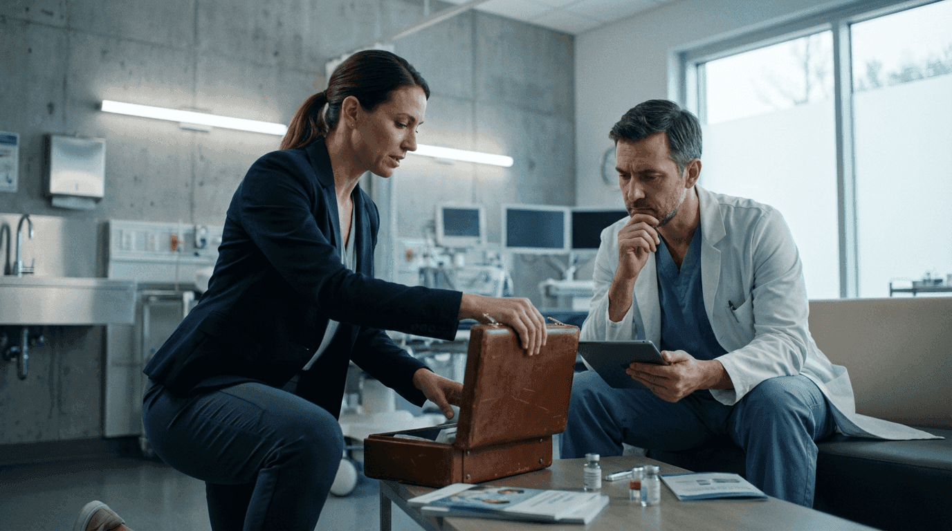 Medical sales rep selling a doctor new pharmaceuticals using AI sales coaching feedback in their latest pitch