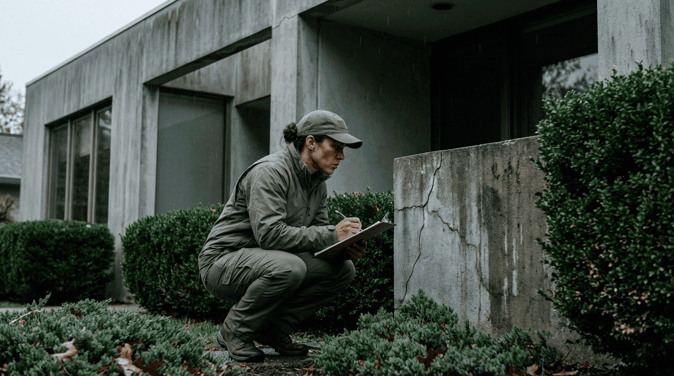 Insurance agent estimating costs on a modern home claim