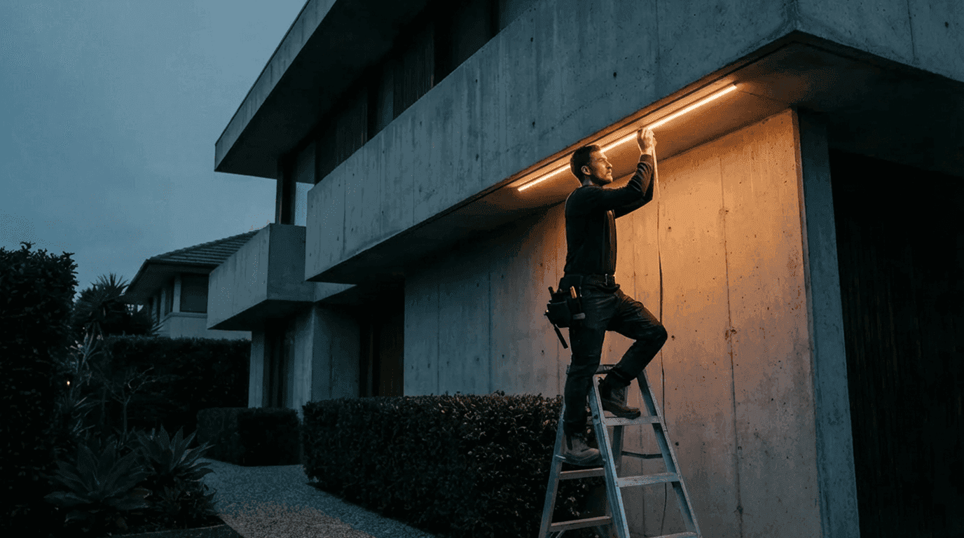 Technician installing permanent lighting on a modern brutalist home