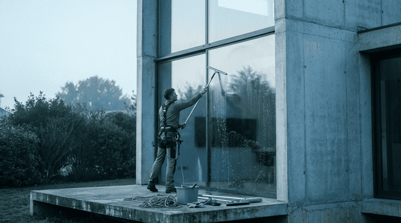 A client having their home's windows cleaned by a service tech
