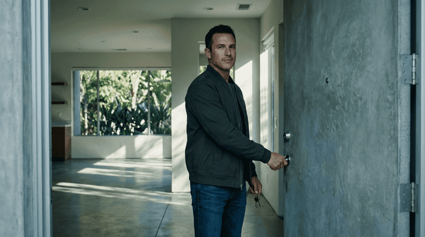 Real estate salesman showing a potential homebuyer a modern brutalist home