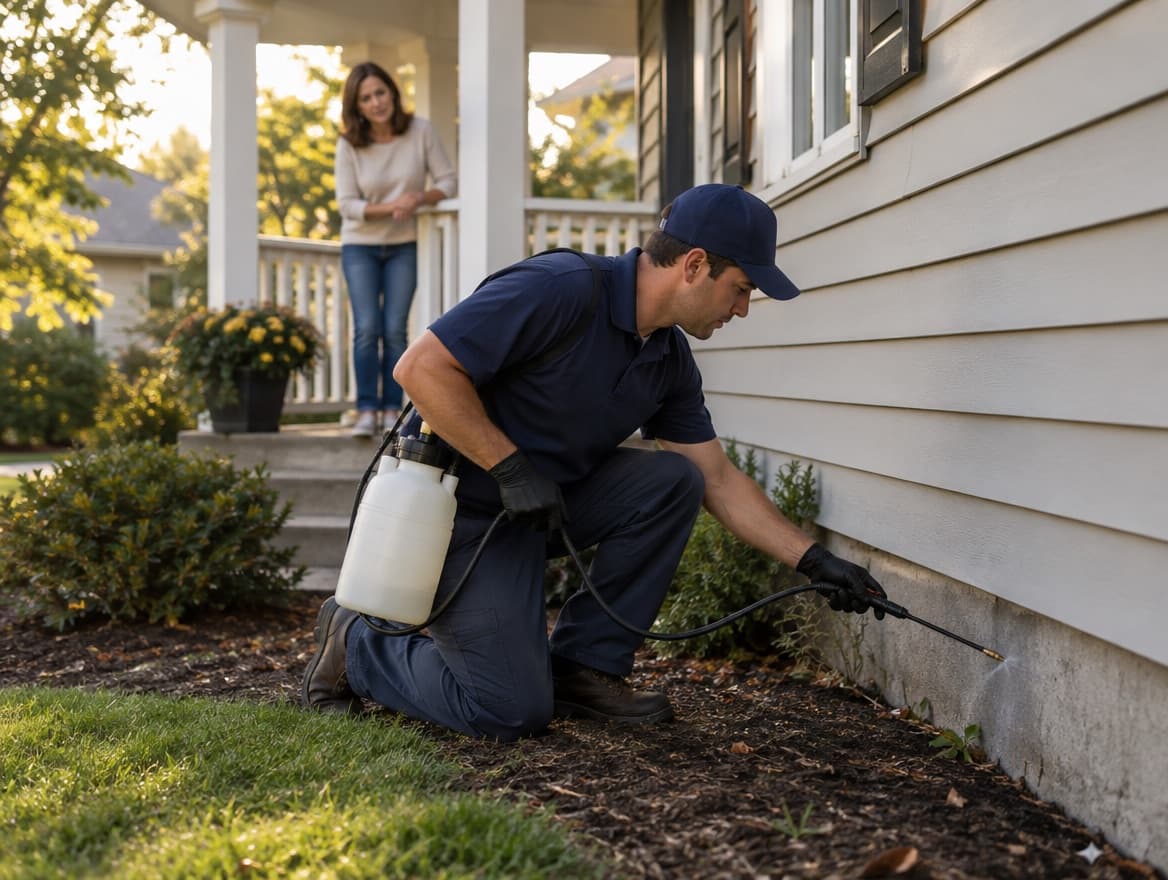 Pest control technician treating the foundation of a house while the homeowner watches from the porch