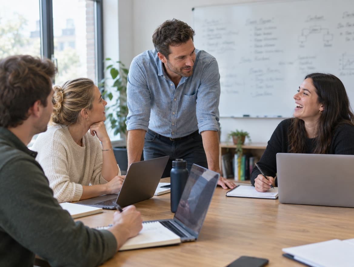 Sales coach working through a session with three reps around a table