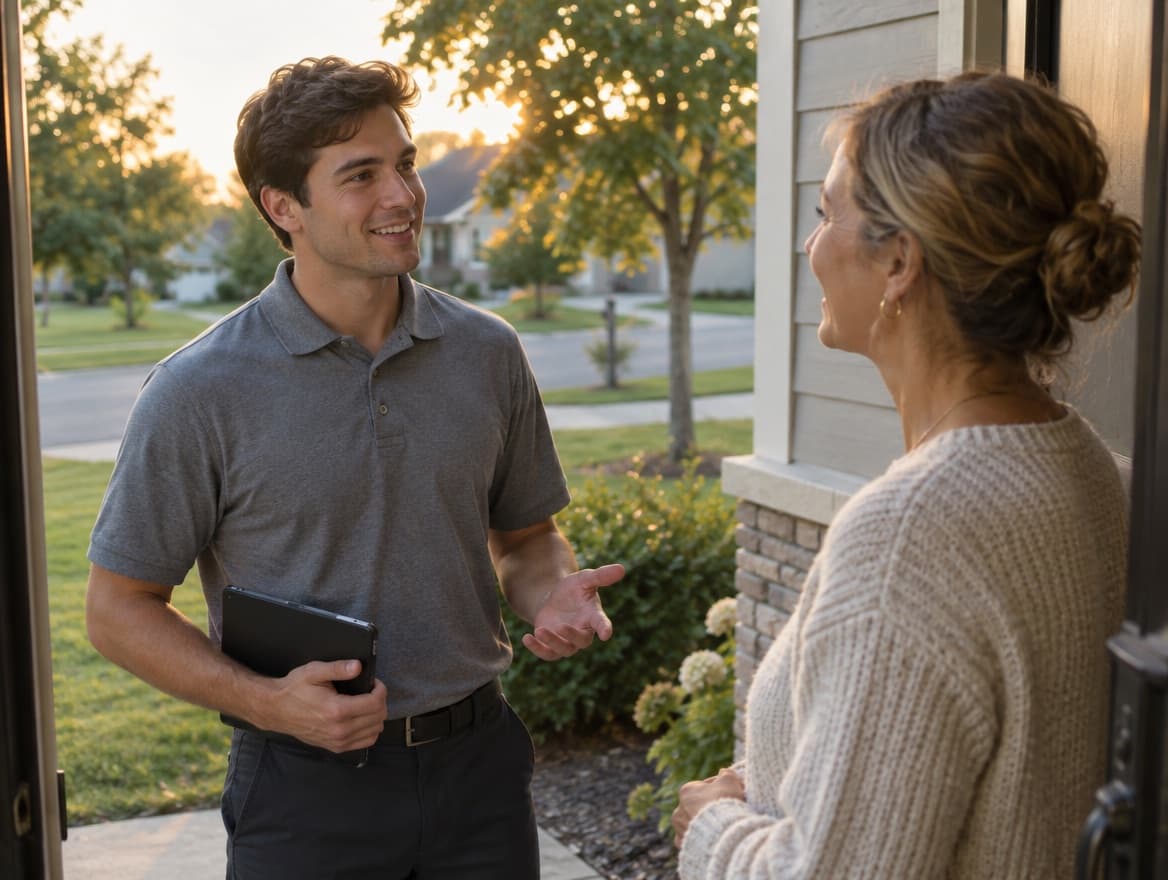 Door-to-door sales rep talking with a homeowner at her front door