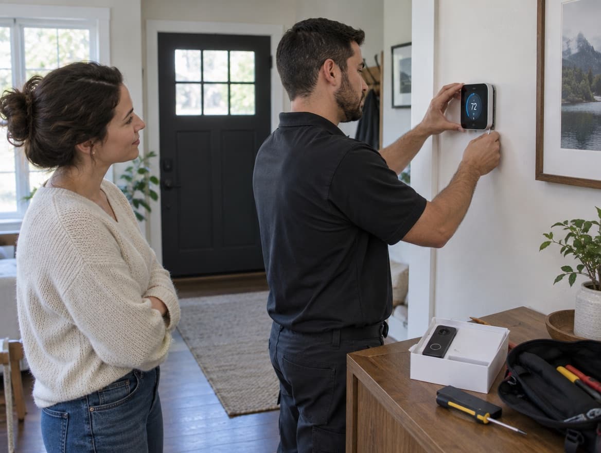 Technician installing a smart thermostat while the homeowner looks on