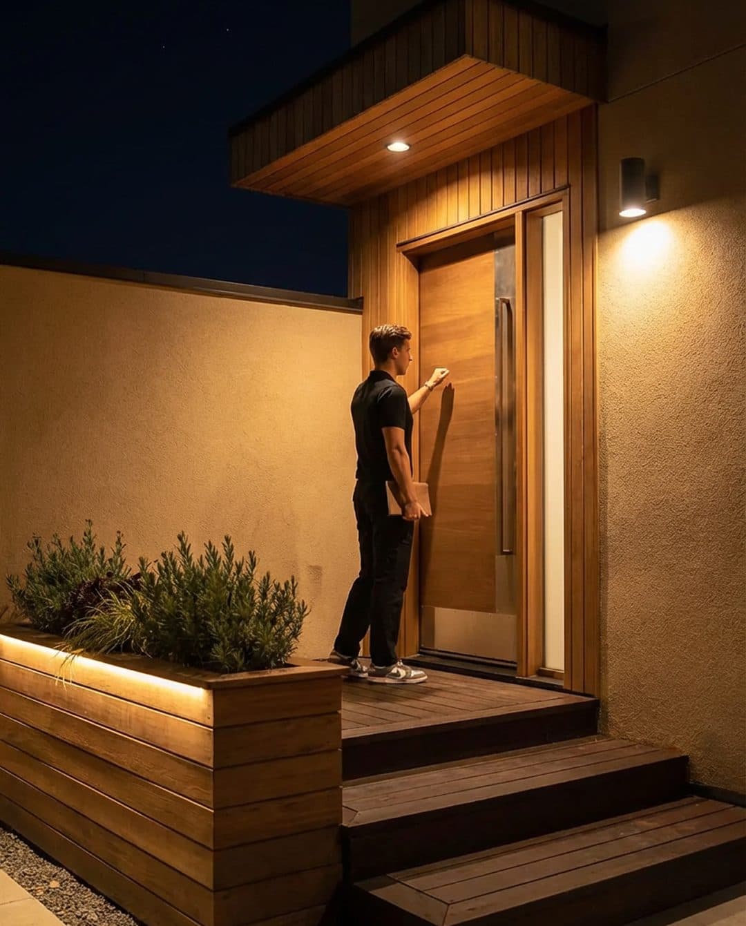 A rep knocking on a door at night