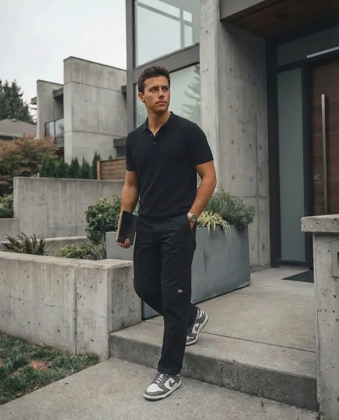 A sales rep at a front door, mid-pitch