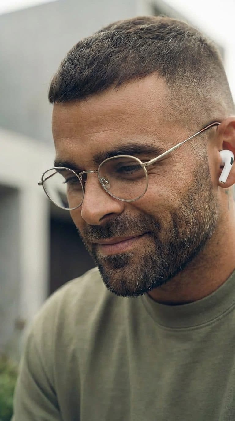 A rep smiling at a coaching tip in his earbuds