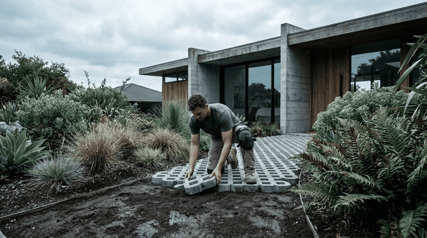 Construction worker laying pavers in a well designed backyard with beautiful landscaping