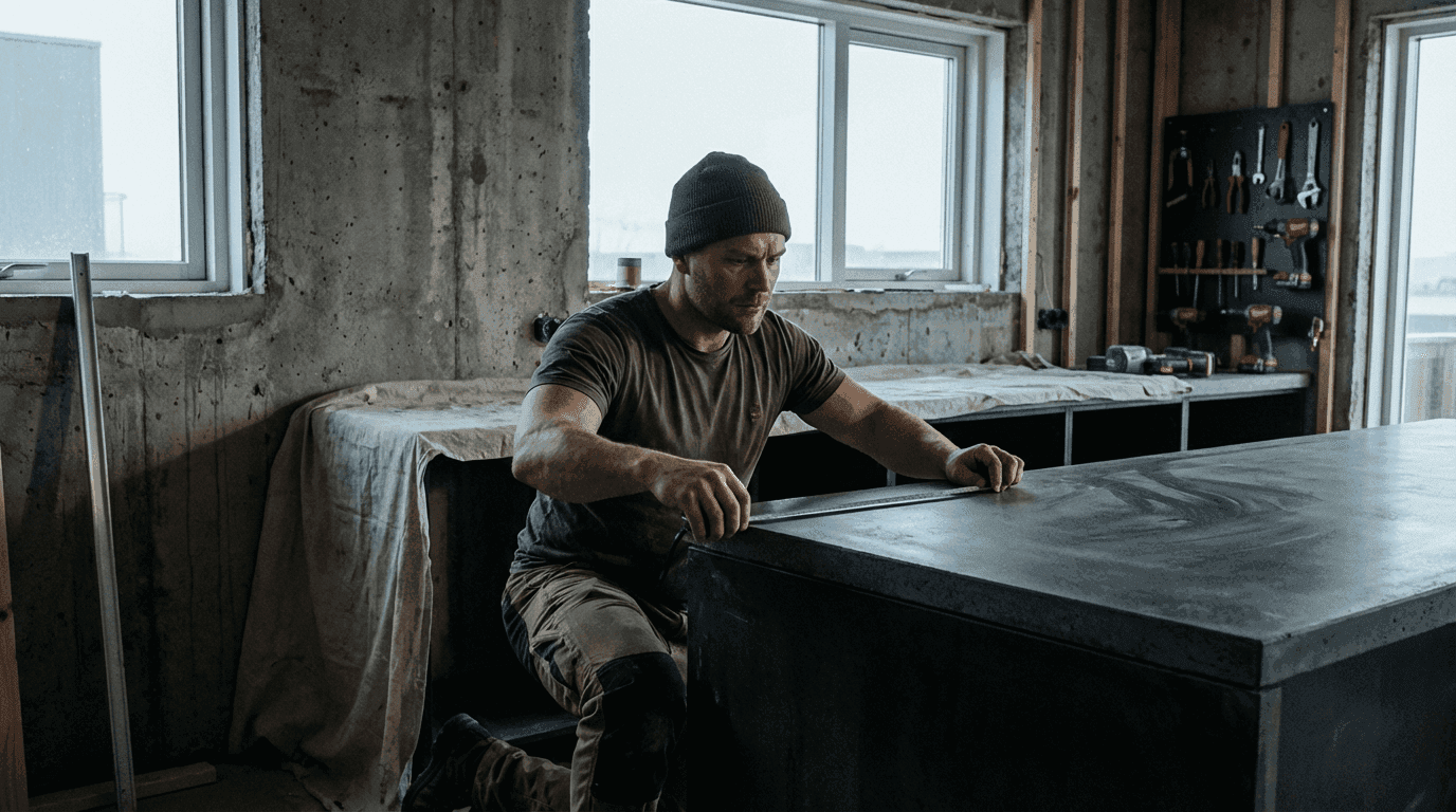 Craftsman working on a kitchen counter top and using AI to get feedback on his conversations with current clients