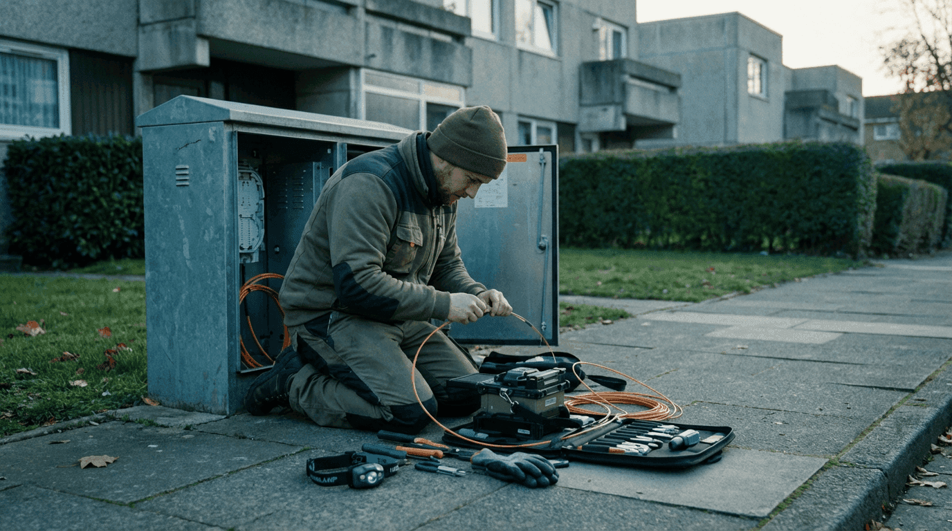 Technician installing fiberoptic cable in a modern high-end neighborhood
